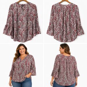 Roz & Ali Petite Large Paisley Bell Sleeve Blouse